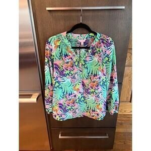 Lilly Pulitzer Women’s Size XS Green Purple Pink Leaf Print Silk Elsa Top Blouse
